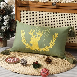 Lewondr Christmas Throw Pillow Cover, 12 x 20 Inch Cute 3D Reindeer Embroidered Garland Decorative Lumbar Pillow Cover with Tassels Luxury Soft Canvas Throw Pillow Case for Bed Home Room, Olive Green