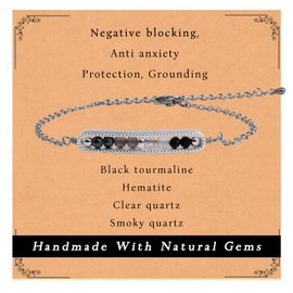 Negative Energy Protection Blocking Bracelet Dainty Black Tourmaline Hematite Clear Quartz Smoky Bracelet Natural Healing Crystal Anxiety Jewelry Gifts For Women Silver Plated