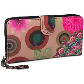 styleBREAKER Ladies Wallet with Colourful Floral Mandala Pattern, Ethno Style, Zip, Purse 02040040, Colour:Beige-Brown-Dark Brown-Pink