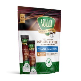 Sollo Infused Instant Mushroom Coffee Sticks, Memory & Clarity Support, 100% Chaga, Medium-Dark Roast, Arabica Freeze Dried Coffee in Single Serve Sticks, 24 Per Pack