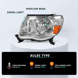 TUSDAR Fits For 2005-2011 Toyota Tacoma Pickup Truck Headlights Replacement 05-11 Tacoma Headlight Assembly, Black Housing with Amber Reflector