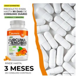 BioHerb | Cúrcuma + Jengibre + Pimienta Negra con Absorción Potenciada hasta en un 2000% con 180 Cápsulas (Para 90 Días) – Soporte Antinflamatorio par