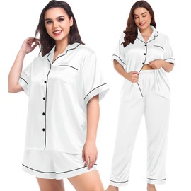 SWOMOG Womens Silk Satin Pajamas Set 3pcs Summer Pj Sets Plus Size Loungewear Button-Down Loose White Sleepwear 20W