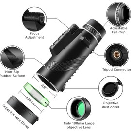80x100 Monocular-Telescope High Powered for Smartphone Monoculars for Adults High Definition Monocular Telescope for Stargazing Hunting Wildlife Bird Watching Travel Camping Hiking-Black