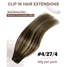 Hetto Clip in Hair Extensions Balayage Brown Clip in Hair Extensions Real Human Hair Brown Caramel Blonde Human Hair Extensions Clip ins Silky Straight 14 Inch 80g