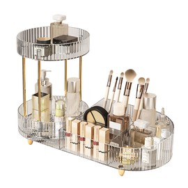 DASITON 360° Rotating Makeup Organizer for Vanity, 2 Tier Perfume Cosmetic Skincare Organizers with Makeup Brush Holder, Large Capacity Cosmetic Display Case for Bedroom Bathroom Countertop (Clear)