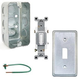 Outlet Box Kit, 2x4'' Utility Electrical Box, Tamper Resistant 15 Amp Toggle Switch, Toggle Switch 2x4'' Cover, Green Pigtail Grounding Wire and Screw, Ten 1/2'' Knockouts