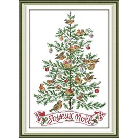 Rosyfoxes Cross Stitch Kits Stamped Full Range of Embroidery Starter Kits for Adult DIY 14CT 2 Strands -Printed kit The Christmas Tree with Birds (Printed) 18.1×25.2inches