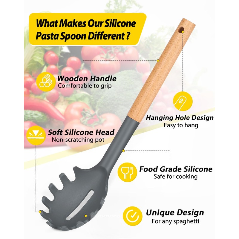 Pack of 2 Spaghetti Spoon, Silicone Pasta Fork with Wooden
