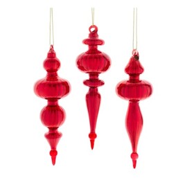 The Bridge Collection Set of 3 Red Glass Finial Ornaments - 6.5" Elegant Red Holiday Christmas Decorations