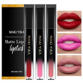 MAKI YIKA- Lápiz labial mate de 3 piezas, lápiz labial rojo, rosa y nude para mujeres, de larga duración, a prueba de manchas, sin transferencia L    