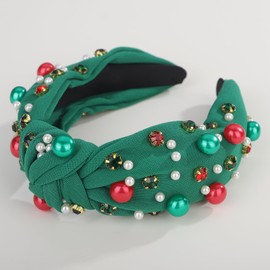 Jumwrit Christmas Wide Thick Top Knot Headband with Pearl Rhinestone for Women Non Slip Sparkly Crystal Embellished Hair Band Pearl Beaded Decoration Fashion Hair Accessories (Green, 6.5 * 5.5inch)