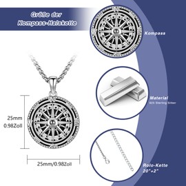 YueYuan Compass Necklace 925 Sterling Silver Compass Pendant Necklace Mens Chain Necklace Jewellery Gift for Men Women