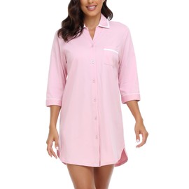 COLORFULLEAF 100% Cotton Night Shirts for Women Button Down Nightgown Soft Sleep Shirt Comfy Night Dress (Pink, M)