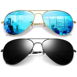 Joopin Aviator Sunglasses for Men Women, 2 Pack Military Style Sunglasses Polarized Large Frame (Black+Blue)