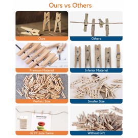 Mini Clothes Pins for Photo, Natural Small Wooden Clothespins 1 Inch Tiny Wood Decorative Clips Bulk, 33FT Jute Twine and Clothespins for Crafts Photos Pictures Baby Shower Game Classroom, 250 PCS