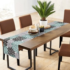 Dahlia Flowers Table Runner Linen 72 Inches Long,Floral Teal Grey Table Runner Kitchen Decor for Kitchen Coffee Dining Bedroom Living Room