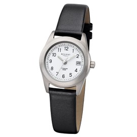 REGENT Women's Watch with Leather Strap Titanium Case and Pin Buckle Small Light Arabic Numbers Quartz 26 mm Diameter with Date, White, Strap.