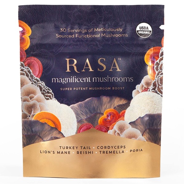Rasa Magnificent Mushrooms – Organic Extra Potent Mushroom Extract Powder: Reishi, Turkey Tail, Cordyceps, Lion’s Mane, Tremella, and Poria for Immunity & Focus Support (1 oz. / 30 Servings)