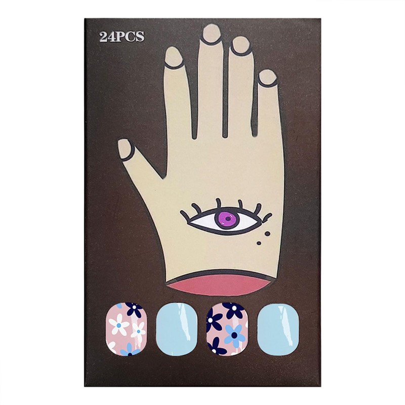 24Pcs Press on Nails Short Square Fake Nails Blue Flower