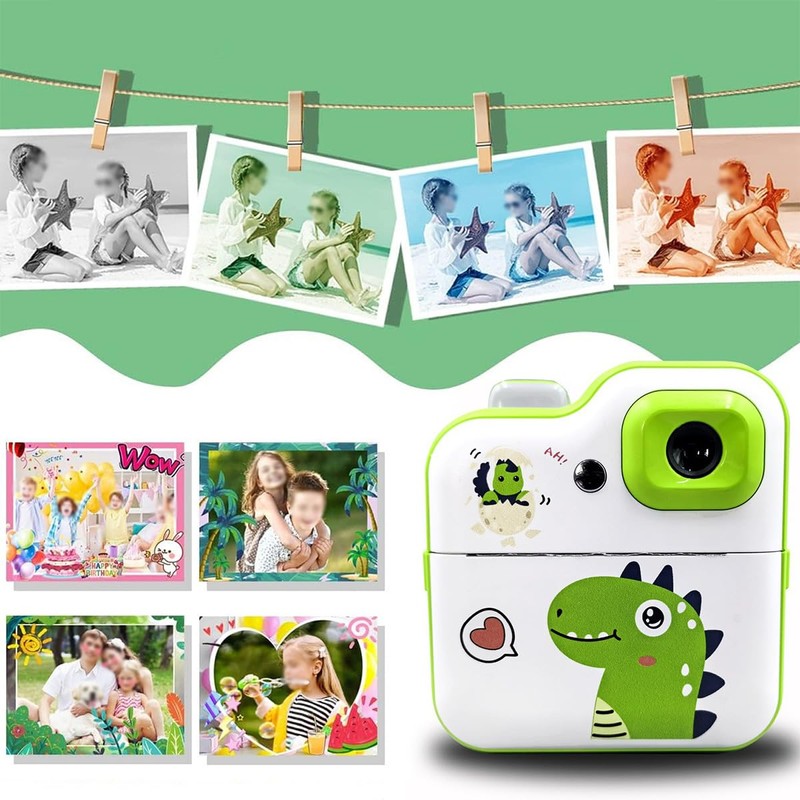 ieron Thermal Printing Camera Green Dinosaur Pattern 2.4 Inch Screen