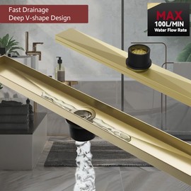 muschbath 48 Inch Linear Shower Drain, Brushed Gold Shower Drain, Flat and Tile-in Grate, 304 Stainless Steel, Easy to Install And Clean for Bathrooms (Drain Base Not Included), LSD-08A-48G
