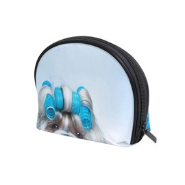 White Pebble Dog Turquoise Hair Curler Women Shell Shape Makeup Bag, Portable Coin Purse Holder Zipper Pouch Travel Cosmetic Organizer,Train Toiletry Storage Case