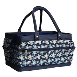 Sew Stylish Craft Organiser Bag, Navy Daisy Pattern - Collapsible Caddy and Tote with Compartments for Sewing, Scrapbooking, Paper Craft, and Art - PT900-NAVY-DAISY