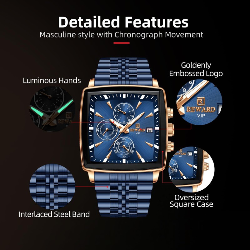 REWARD Square Mens Watch Business Quartz Wrist Watches for Men
