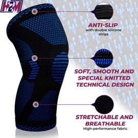 H2M Knee Brace Compression Sleeve for Running, Basketball, Football, Volleyball, Weightlifting, Gym, Workout, Sports (Black/Blue, L)