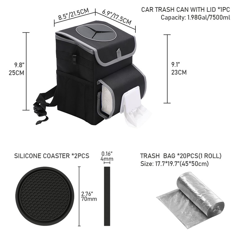 upra Car Trash Can with Lid,Bag Hanging Storage Pockets,Adjustable Tissue