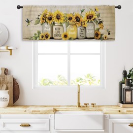 Miyotaa Sunflower Hummingbird Kitchen Curtain Valance 54W x 18H Rod Pocket Farmhouse Rustic Plant Vintage Inspirational Window Treatment for Living Room Bedroom Bathroom