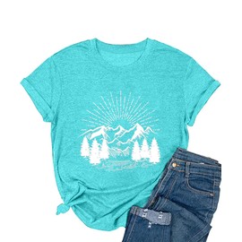 Hiking Tops Women Vintage Tees Womens Workout Tops Nature Graphic Shirts Casual Crew Neck Short Sleeve Summer Blouse (Mint Green-XL)