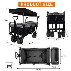 Foldable Wagon with Removable Canopy & Cooler Bag - Heavy Duty Collapsible Wagon Utility Cart with 4" All-Terrain Wheels for Camping, Beach, Garden