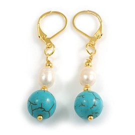 Delicate Freshwater Pearl Turquoise Bead Drop Earrings In Gold Tone - 45mm L