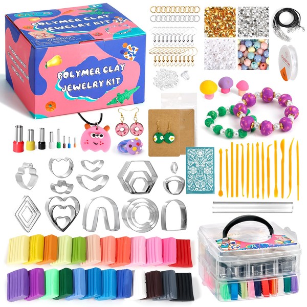 Caydo 587PCS Polymer Clay Jewelry Kit with 2 Layer Storage Box, 24 Colors Polymer Clays, Earring Cutters, Earring Accessories, and Clay Tools for Kids and Adults for Jewelry Earring Making