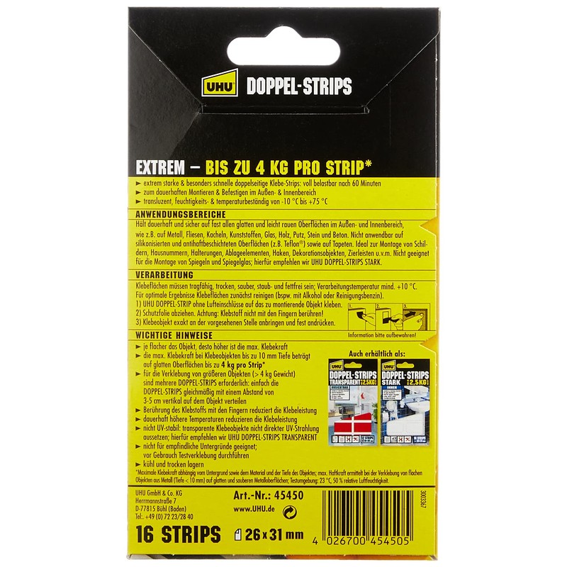 UHU Double Strips, up to 4 kg, Pack of 16