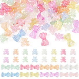 Magibeads 63Pcs Glow in The Dark Acrylic Gummy Bear Bow Beads Cute Pastel Small Candy Kandi Beads with Glitter Power for Crafts DIY Earrings Keychain Jewelry Making Supplies