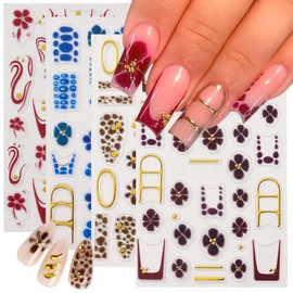 4 Sheet Flower Nail Art Stickers Golden Gilding French Design Nail Stickers 3D Self-Adhesive Exquisite Line Nail Decals Leopard Print Nail Art Decals Fall Flower Nail Supply for Women DIY Manicure