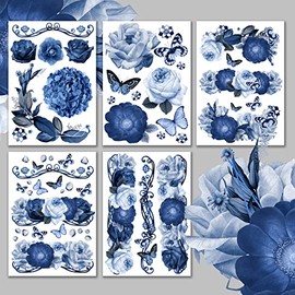 Decoupage Paper Pack (15 Sheets 8"x11") Blue Roses Dreams HANATABA Vintage Art Deco Styled Ephemera Pictures for Decoupage Craft and Scrapbooking Real Size Photorealistic Flowers