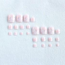 24Pcs Square Fake Toenails Glossy Glitter French Tip Press on Toenails White Nail Tip Short Acrylic False Toes Nails with Flower Designs Pink Artificial Full Cover Spring Summer Toenail for Women