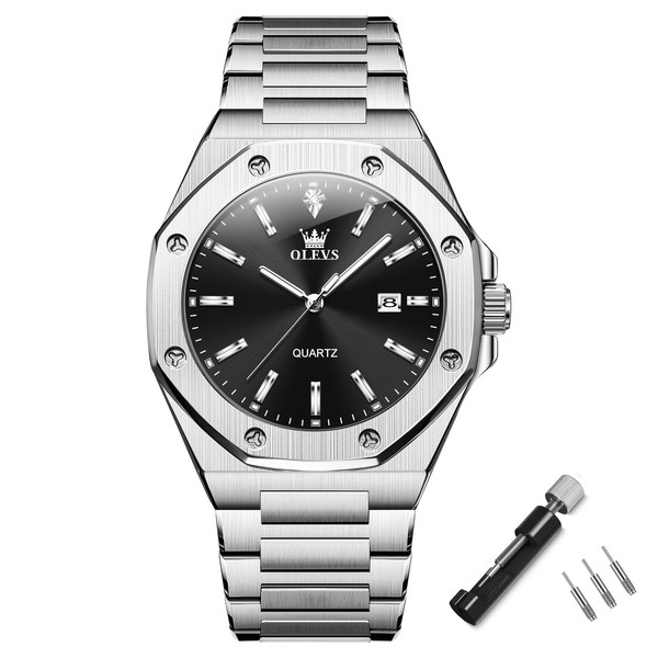 OLEVS Octagon Waterproof Analog Quartz Metal Band Watch Date for