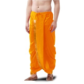 Spewim Men Poly Silk Ready to Wear Zari Work Dhoti For Men, Light Orange, 42