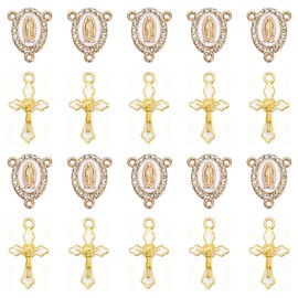 Jiali Q 60pcs Rosary Making Kit, Gold Tone Religious Jewelry Components with Crystal Rhinestone Connectors and Enamel Crucifix Charms, 0.93 x 0.83 inch Centers (White)