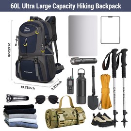 JUMAHE Hiking Backpack, 60L Large Camping Backpack Waterproof for Travel, Lightweight Day pack for Men Women, Darkblue