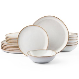 HaWare Plates and Bowls Set, Stoneware Dinnerware Sets, 18-Piece Hand-painted Dishware for 6, Scratch Resistant Ceramic Dinner Set for Home Kitchen, Microwave and Dishwasher Safe, Reactive Pearl White