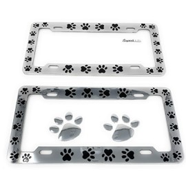 Animal Black Paws Print Design License Plate Frame, Pet Dog Cat, Set of 2 with 2pcs 3D Chrome Dog Paw Footprint Sticker Decal
