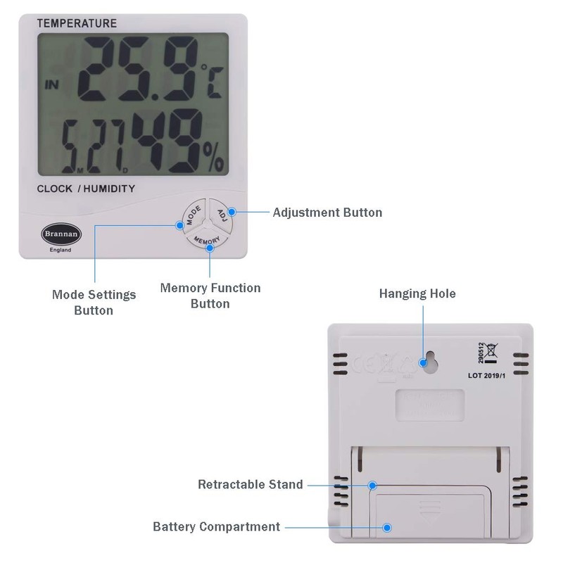 Jumbo Max Min Thermometer and Hygrometer with Clock, Indoor and