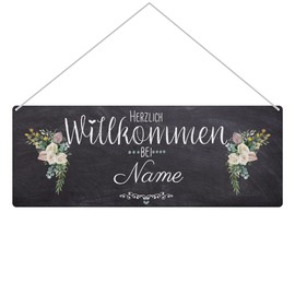 PR Print Royal Front Door Sign with Name – Herzlich Willkommen bei – Metal Sign with Surname Personalising, Outdoor Sign Made of Aluminium, Weatherproof, Flower Motif, 24 x 9 cm