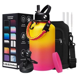 32/40/64/128 OZ Vacuum Insulated Water Bottle - Keep Hot Cold Vacuum Gallon Flasks with Straw & Spout Lids, Paracord Handle, Stainless Steel Water Jug - Color: Yellow Rose-red Gradient, Size: 64oz